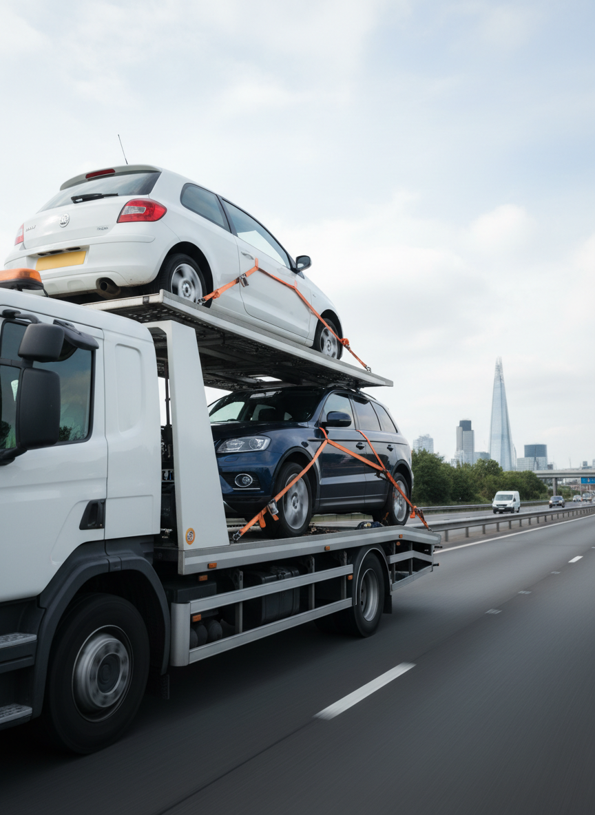 A photographic, daytime motorway transport scene with a long-wheelbase recovery truck carrying two vehicles: a white compact car on the upper platform and a dark blue SUV on the lower bed, both meticulously secured with bright orange straps. The truck travels in the left lane of a clear motorway, with subtle motion blur on the road surface and background traffic to suggest movement while keeping the truck and its load razor sharp. Soft midday light from a lightly cloudy sky produces balanced illumination and crisp reflections on windows and bodywork. London’s skyline is faintly visible on the horizon, adding regional context. Shot from a low side angle as if from another vehicle, using rule-of-thirds composition and strong leading lines, the image communicates capacity, reliability and professional long-distance vehicle transport.