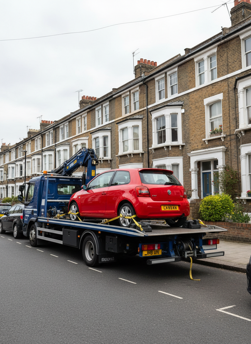 A clear, photographic scene of a recovery truck performing a safe, controlled vehicle relocation on a residential London street of neat terraced houses. The truck, finished in a professional dark blue and white livery with subtle reflective details, holds a small red hatchback secured on its flatbed with visible wheel chocks and straps. The street is clean, lined with parked cars and tidy front gardens, with no people present. Soft overcast light ensures gentle, shadow-free illumination, allowing every detail of the rigging and equipment to be seen. Shot from a slightly elevated three-quarter front angle with balanced composition and moderate depth of field, the image conveys respect for property, discretion and reliability in urban environments without any sense of emergency.