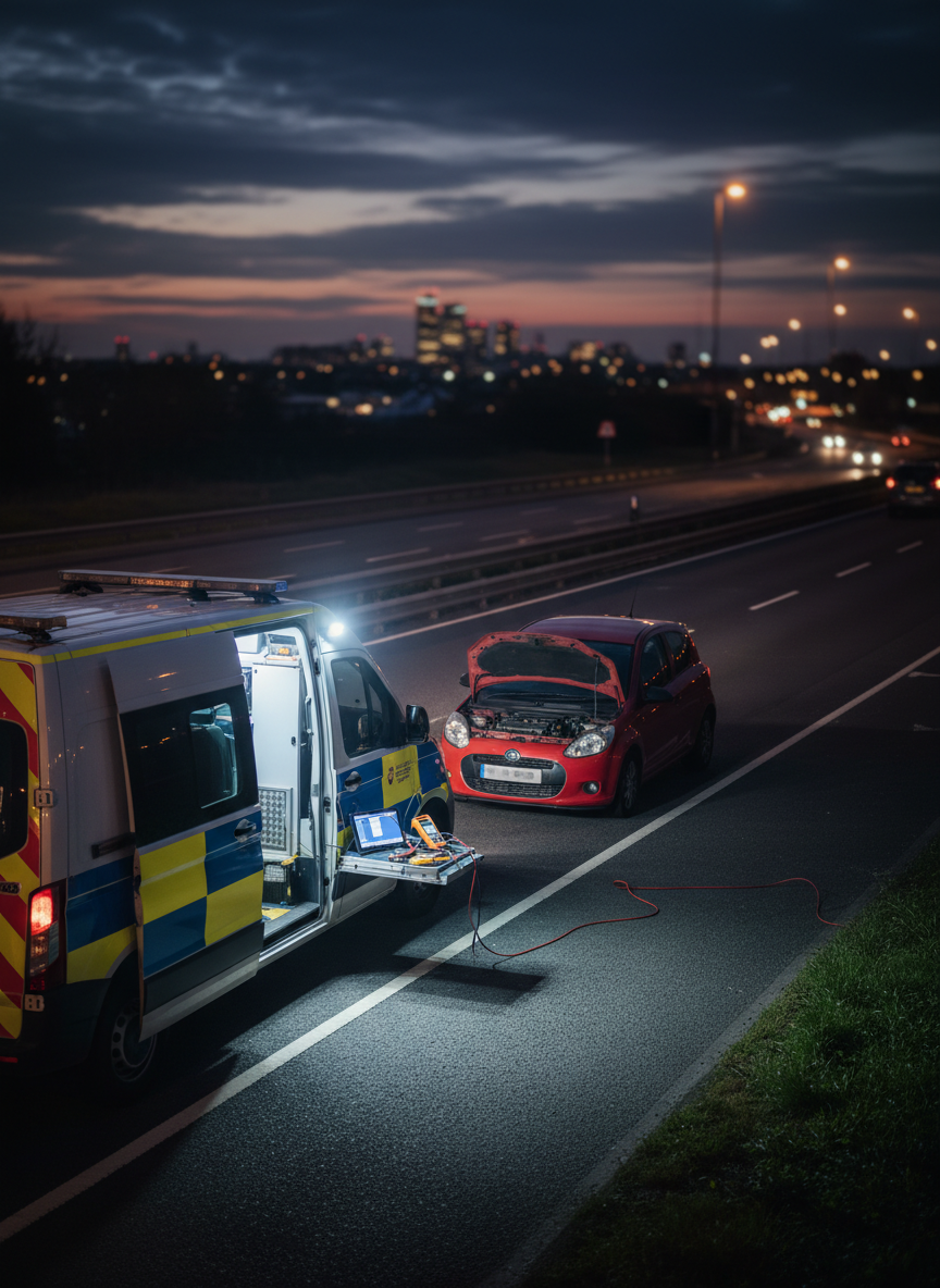 A wide, roadside assistance scene at night showing a bright white and blue recovery van with reflective livery parked safely behind a small compact car with its bonnet raised. The van’s LED work lights cast a clear, cool beam onto the open engine bay and surrounding tarmac, revealing neatly organized tools and diagnostic equipment laid out on a fold-out tray from the van’s side compartment. Distant urban lights and a faint glow on the horizon hint at London in the background. Photographic realism with a slightly elevated angle, sharp focus on the vehicles and tools, and a gently blurred background. The mood is calm, secure and reassuring, emphasizing 24/7 availability and professional roadside support without showing any accidents or distress.