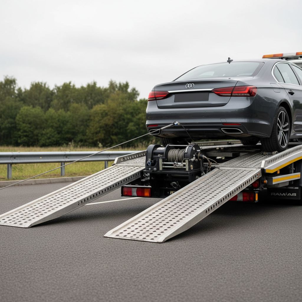 A close-up, photographic view of a professional recovery truck’s rear bed in action, with a metallic loading ramp extended onto a safe roadside lay-by. A dark grey executive saloon is halfway up the ramp, its tyres aligned precisely on textured anti-slip tracks, heavy-duty winch cable taut and secured to the front tow point. The tarmac surface is clean and dry, bordered by a low metal safety barrier and a distant line of trees. Overcast daylight creates even, diffused lighting with minimal harsh shadows, emphasizing detail in the steel, rubber and reflective surfaces. Captured from a low, three-quarter rear angle with moderate depth of field, the image feels calm, controlled and highly competent, ideal for communicating efficient, careful vehicle transport.