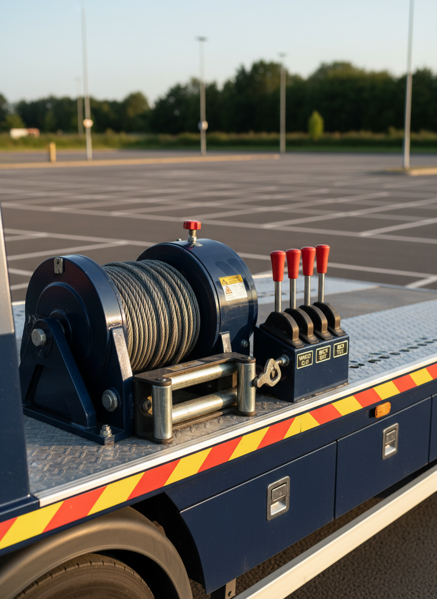A high-resolution, photographic close-up of a recovery truck’s control area, focusing on the robust steel winch, coiled heavy-duty cable and clearly arranged hydraulic levers mounted on the side of the flatbed. The truck’s body is deep navy with clean reflective panels and high-visibility striping along the edge of the bed. The background shows a quiet service area in Kent with neatly painted parking bays and a distant line of trees, softly out of focus. Late afternoon light creates a warm, angled glow that picks out textures in the metal, rubber and painted surfaces, casting crisp yet gentle shadows. Captured at eye level with a shallow depth of field, the mood is orderly, precise and trustworthy, highlighting the quality, maintenance and professionalism behind the recovery service.