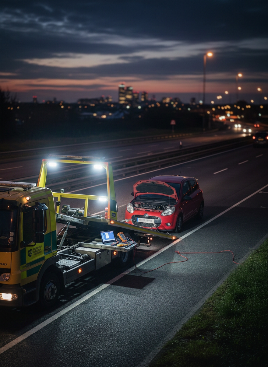 vehicle recovery A wide, roadside assistance scene at night showing a bright white and blue recovery van with reflective livery parked safely behind a small compact car with its bonnet raised. The van’s LED work lights cast a clear, cool beam onto the open engine bay and surrounding tarmac, revealing neatly organized tools and diagnostic equipment laid out on a fold-out tray from the van’s side compartment. Distant urban lights and a faint glow on the horizon hint at London in the background. Photographic realism with a slightly elevated angle, sharp focus on the vehicles and tools, and a gently blurred background. The mood is calm, secure and reassuring, emphasizing 24/7 availability and professional roadside support without showing any accidents or distress.